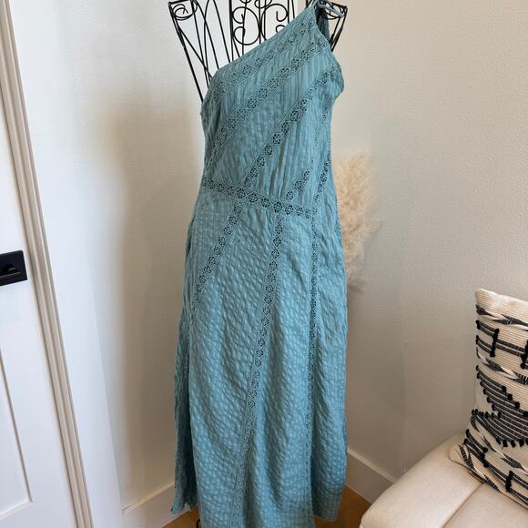 Free People Bella Boho Tie One Shoulder Cotton Maxi Dress Lace Mint Green Small - Picture 4 of 11